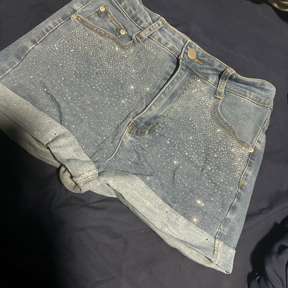 SHEIN Light Blue Denim Jean Shorts with Rhinestone Sparkle M